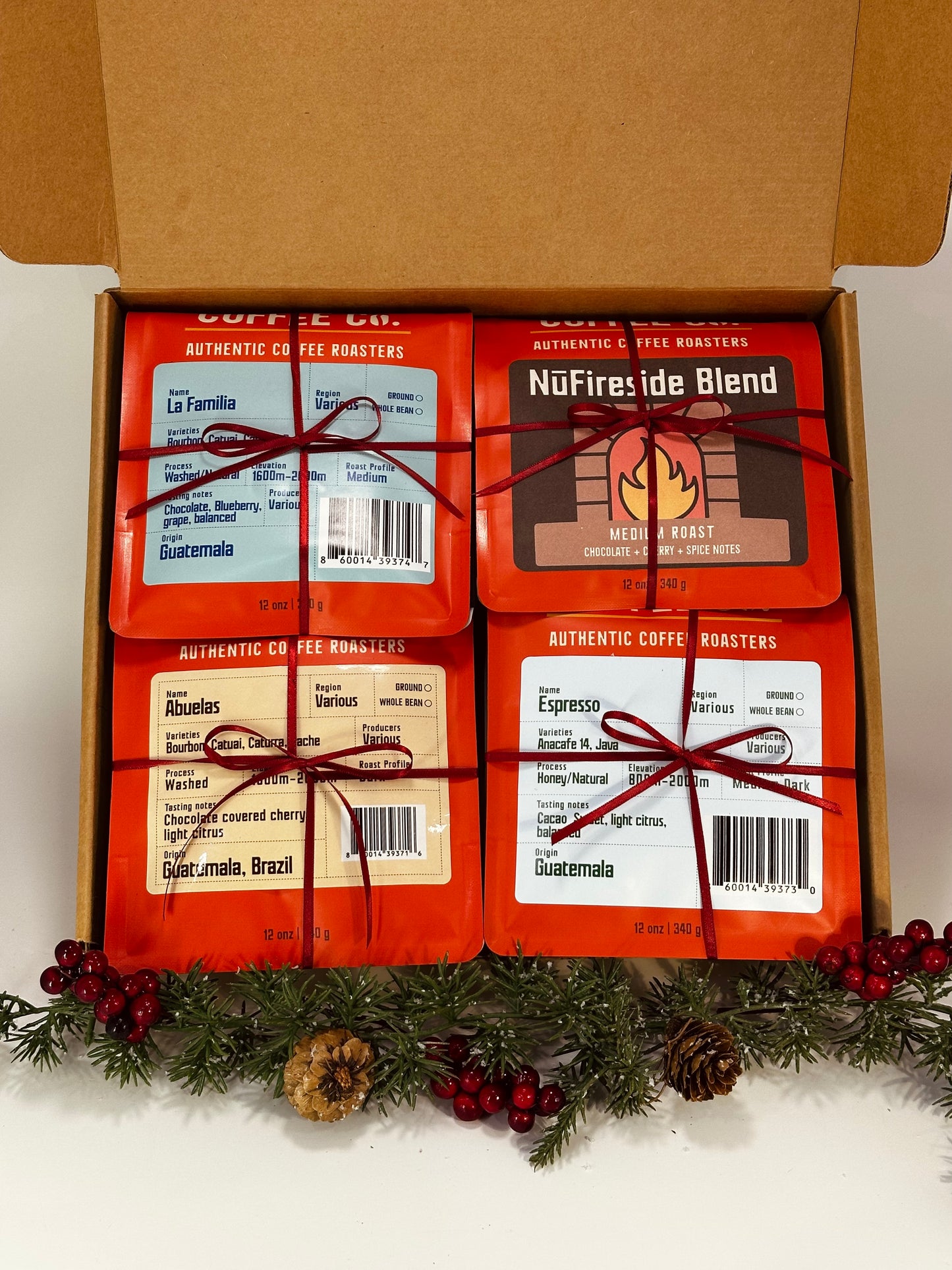 8oz 4pack gift Box - Abuelas, Espresso, La Familia and Nūfireside Blend